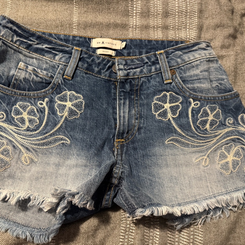 Vintage Denim Shorts with White Floral Design